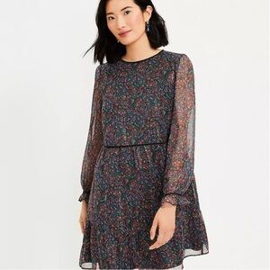 LOFT Shimmer Paisley Velvet Trim Swing Dress XSP